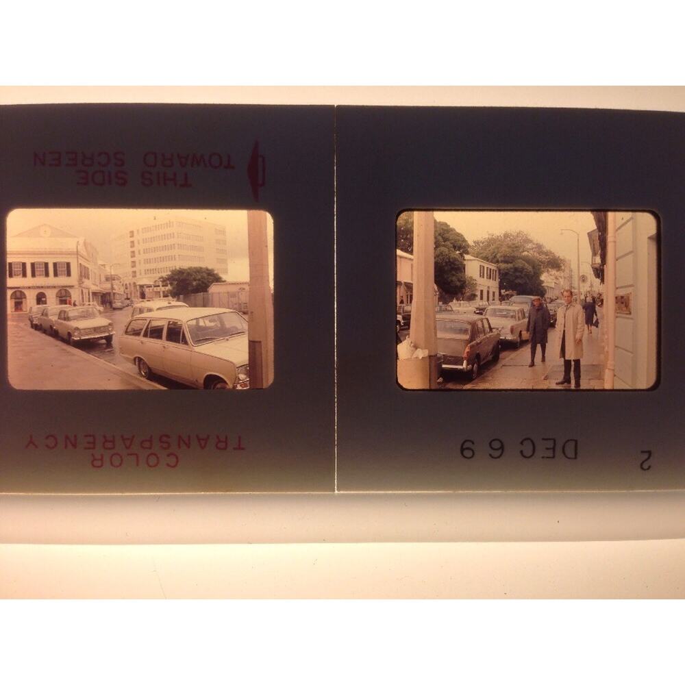 Lot of 2 Vtg 1969 British Man Trench Coat UK Cars Street Photograph Color Slides